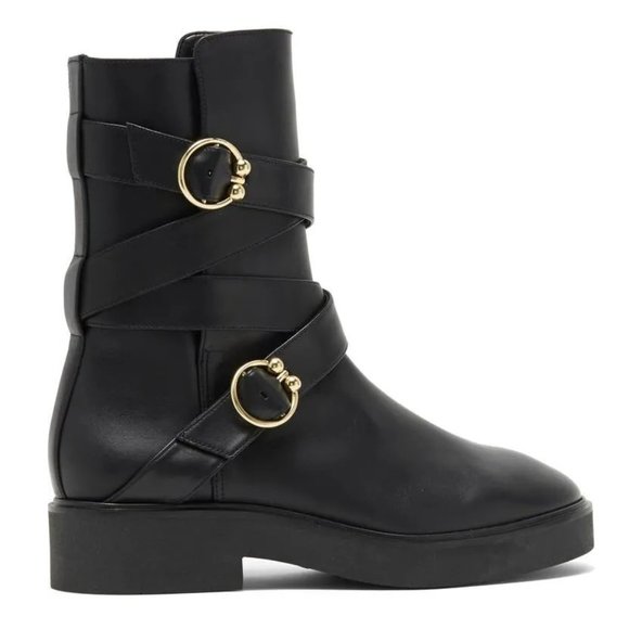 $750 Stuart Weitzman Luxering Double Zip Bootie BLACK LEATHER GOLD 10 (PB18)